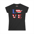 Black t-shirt with 'LOVE' design featuring American flag colors on a white background