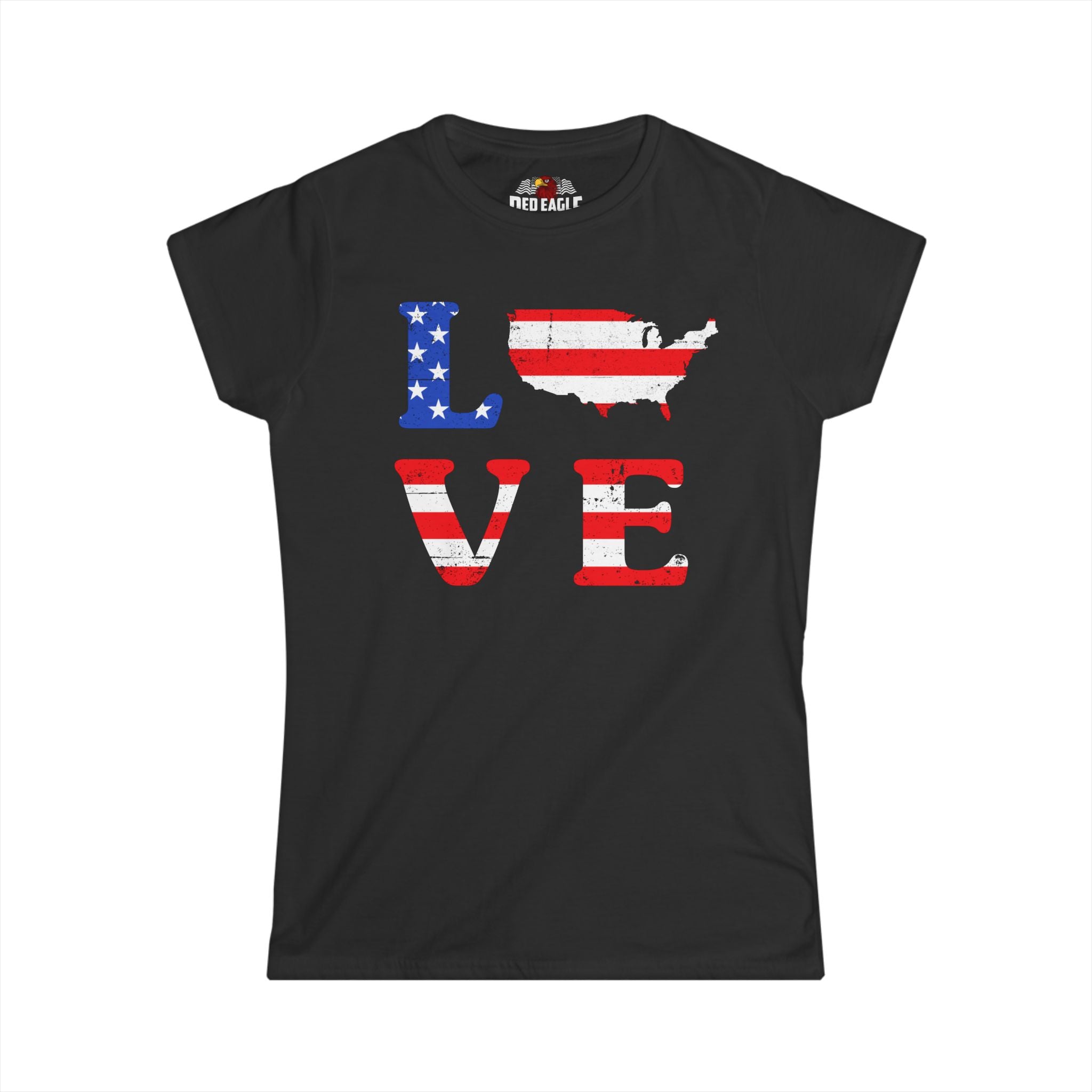 Black t-shirt with 'LOVE' design featuring American flag colors on a white background