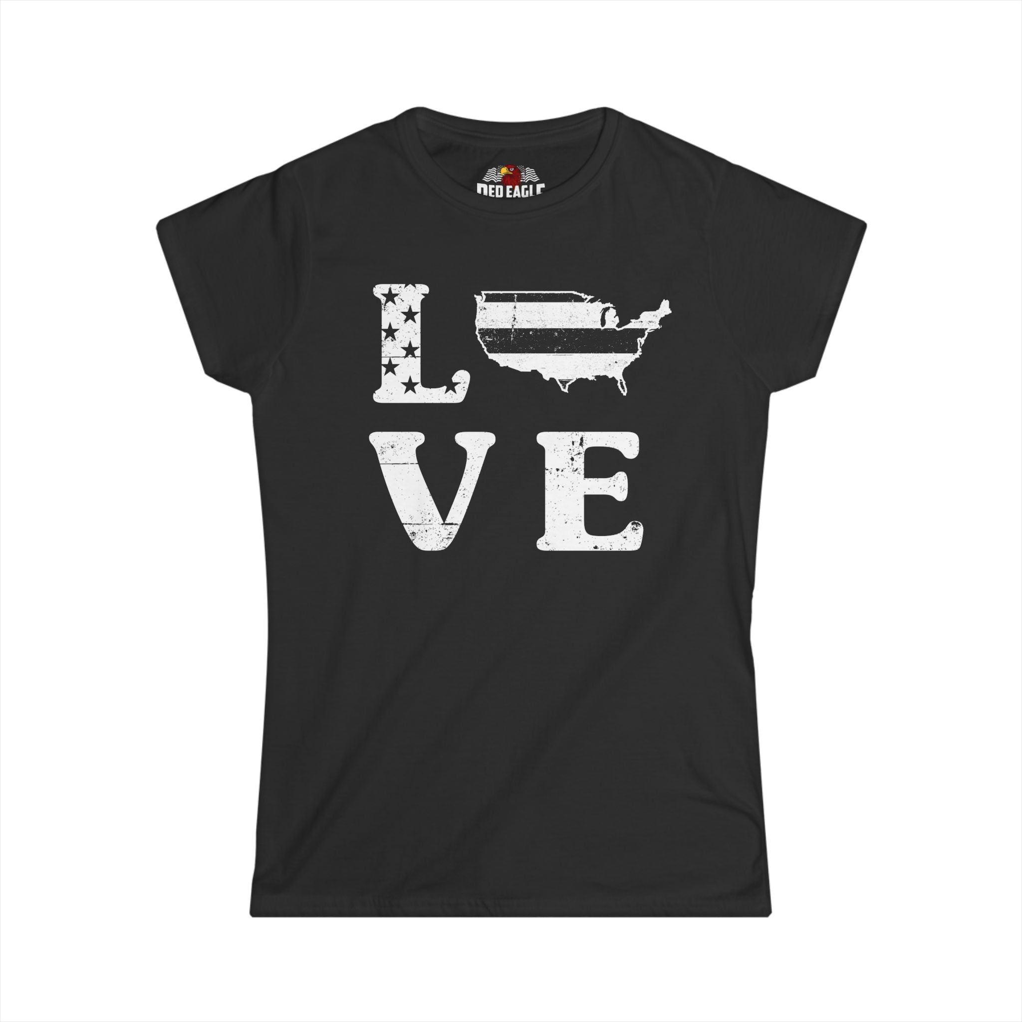 Black t-shirt with 'LOVE' design featuring a map of the United States on a white background
