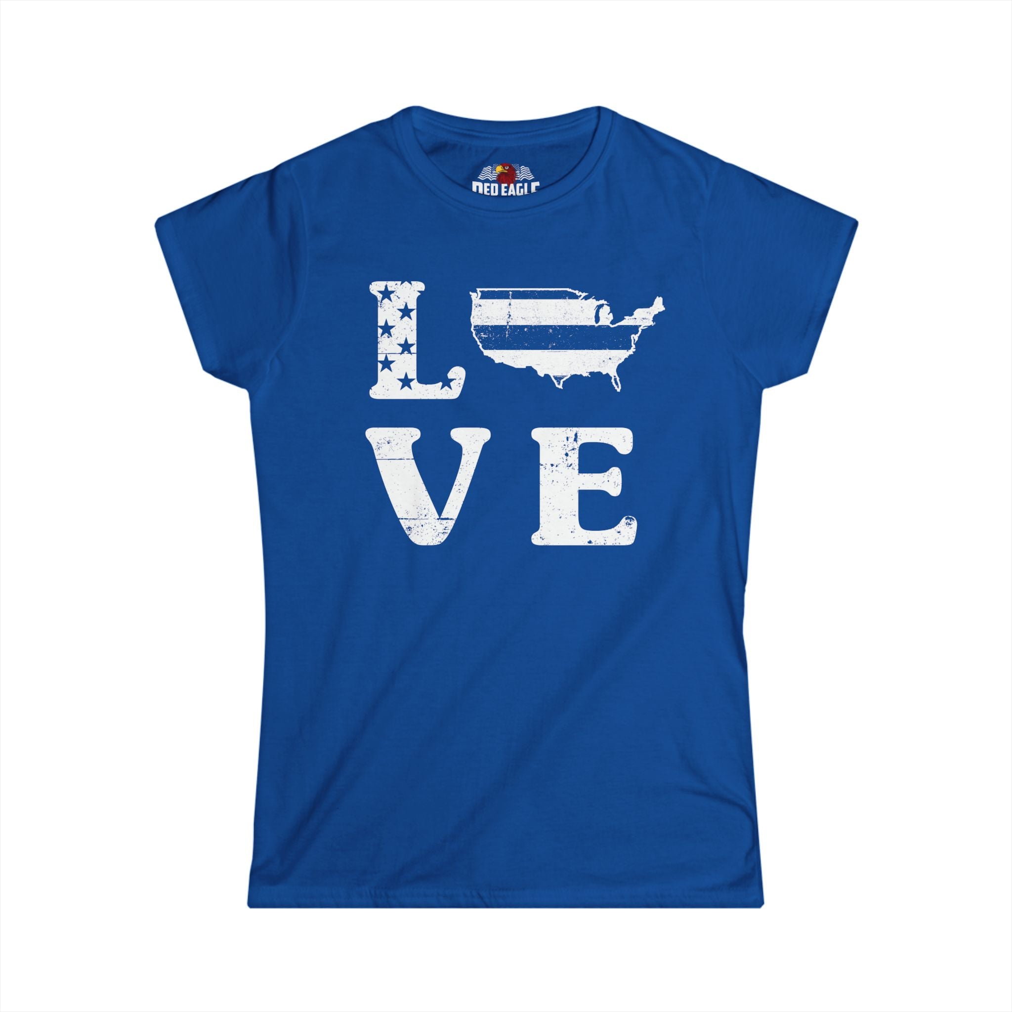 Blue t-shirt with 'LOVE' graphic design featuring a map of the United States on a white background