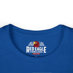 Blue t-shirt with Red Eagle Threads logo on a white background