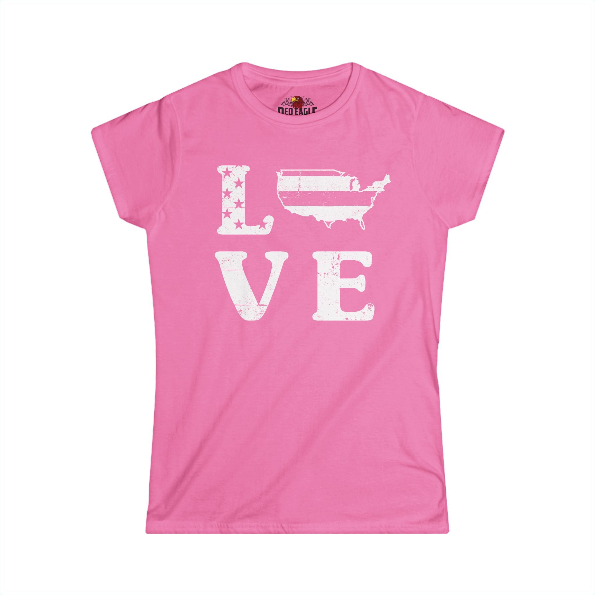 Pink t-shirt with 'LOVE' graphic design on a white background