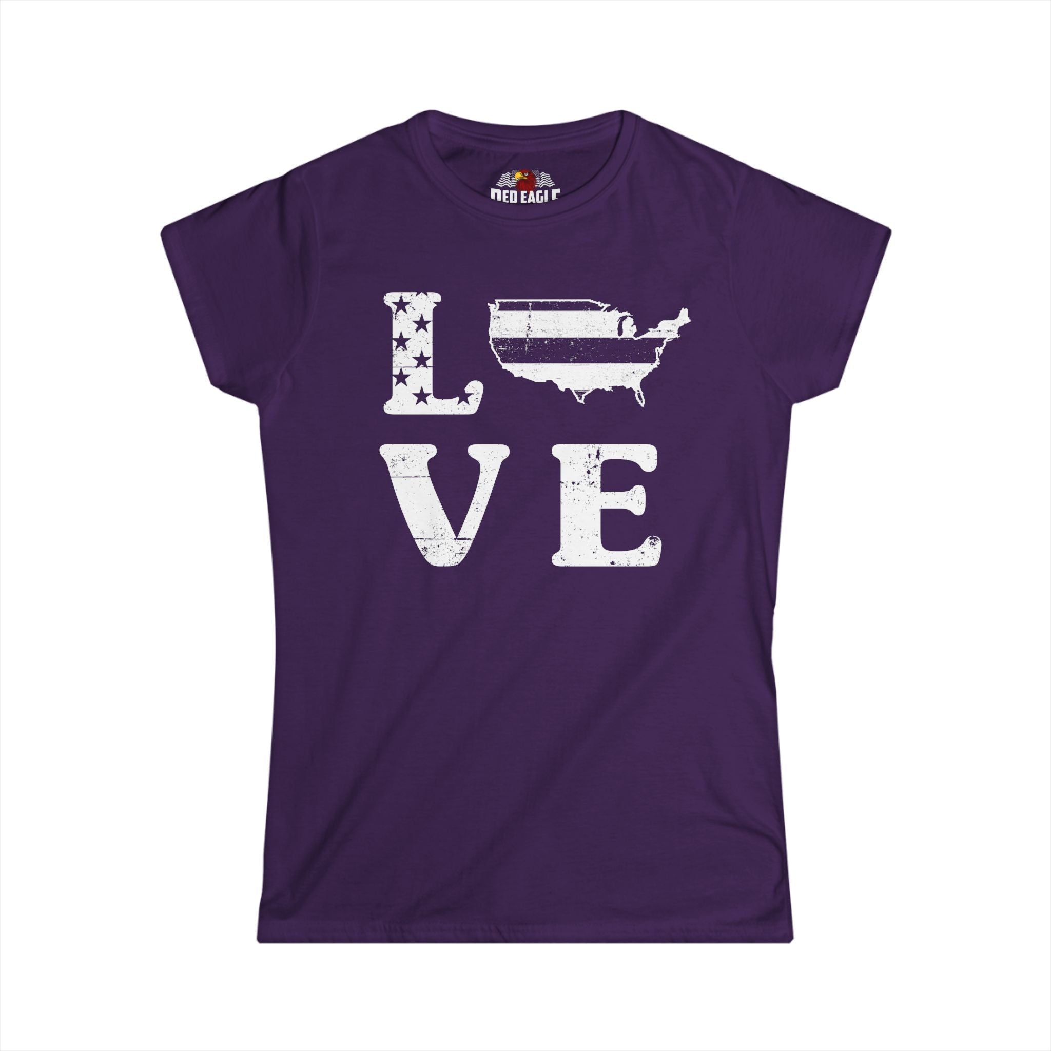 Purple t-shirt with 'LOVE' graphic design featuring a map of the United States on a white background