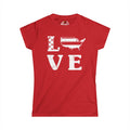 Red t-shirt with 'LOVE' design featuring an American flag on a white background