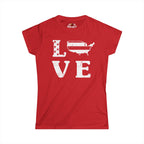 Red t-shirt with 'LOVE' design featuring an American flag on a white background