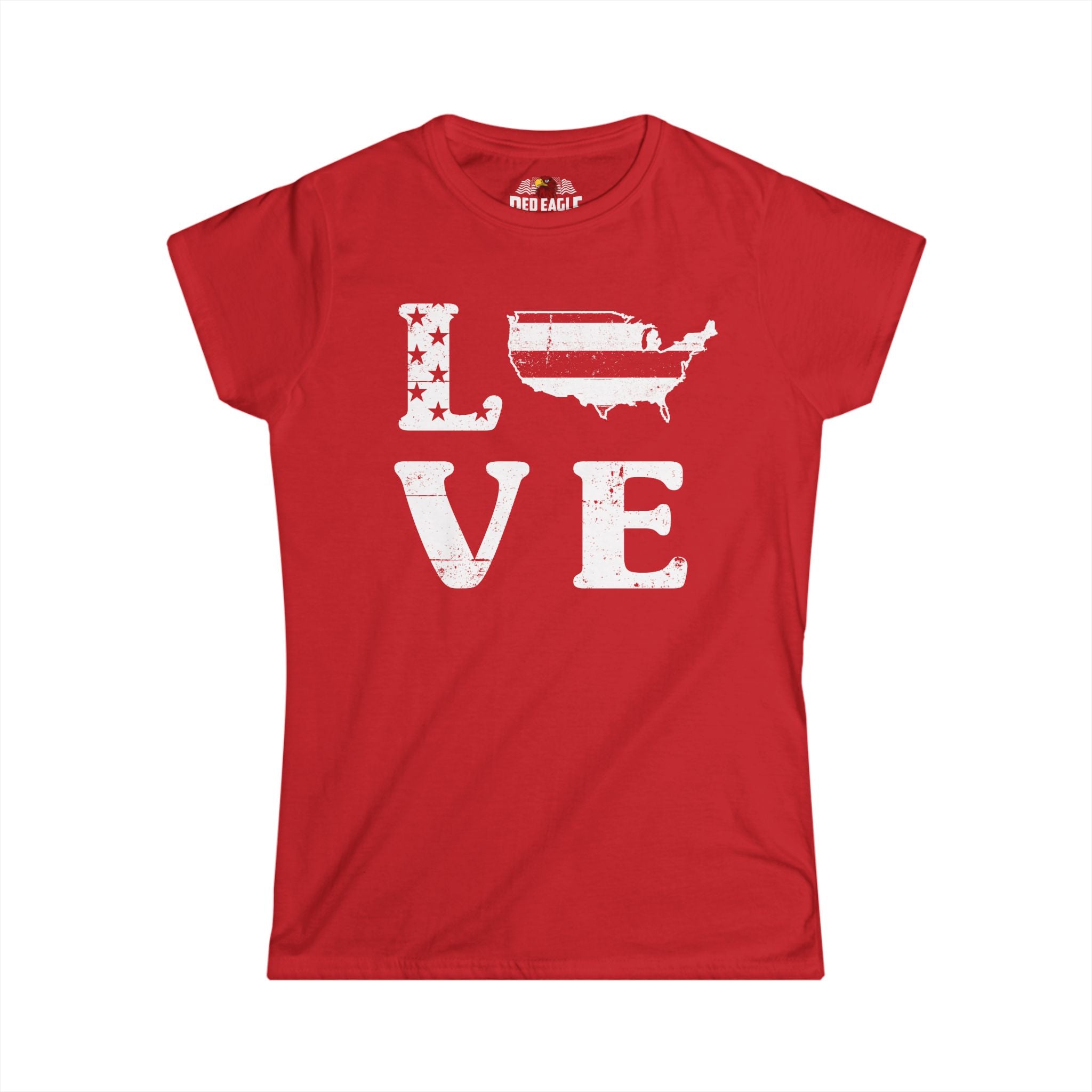 Red t-shirt with 'LOVE' design featuring an American flag on a white background