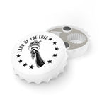 White bottle opener fridge magnet with black graphics and text on a white background