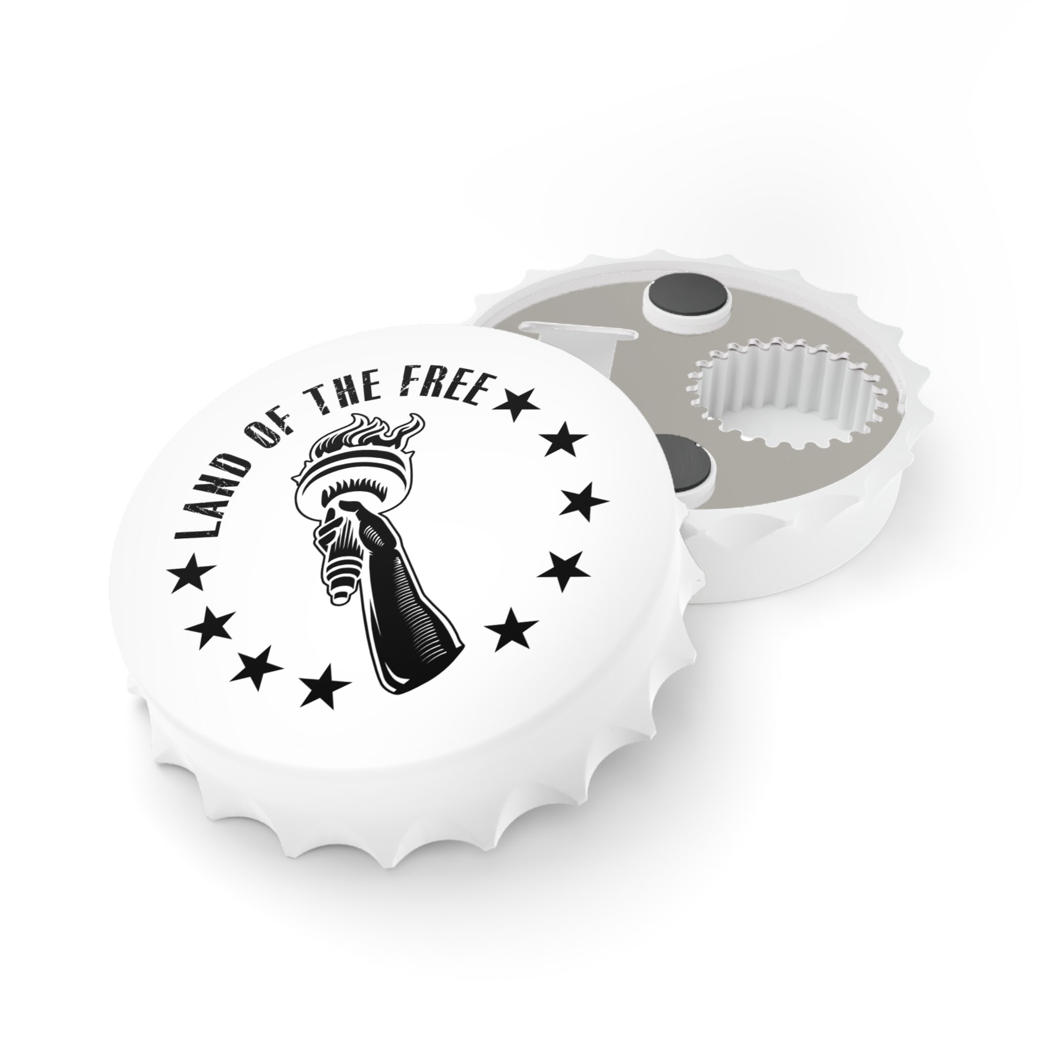 White bottle opener fridge magnet with black graphics and text on a white background