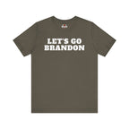 Army green t-shirt with 'LET'S GO BRANDON' text on a white background