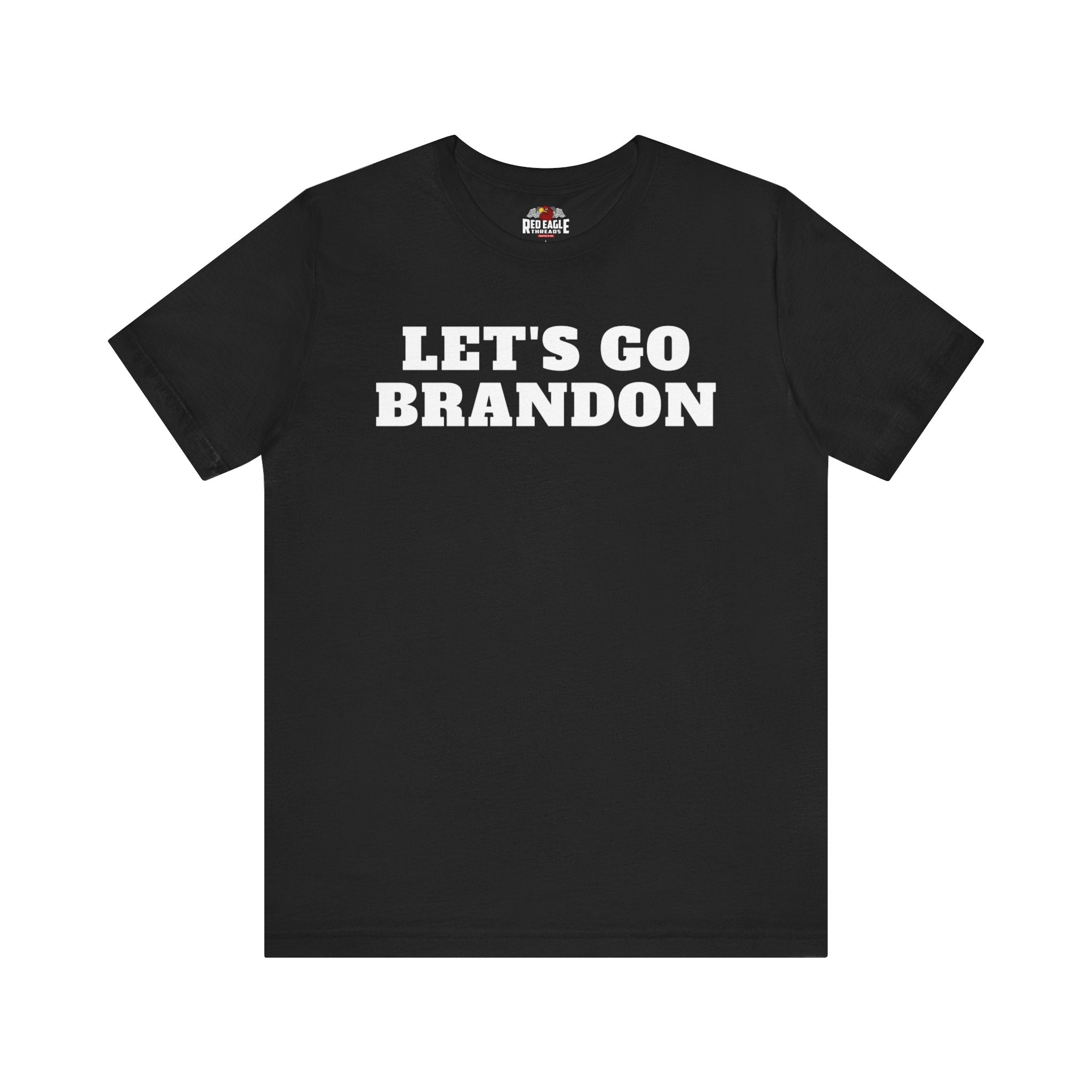 Black t-shirt with 'LET'S GO BRANDON' text on a white background