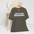Army green t-shirt with 'LET'S GO BRANDON' text on a hanger against a white background