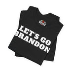 Black t-shirt with 'LET'S GO BRANDON' text on a white background