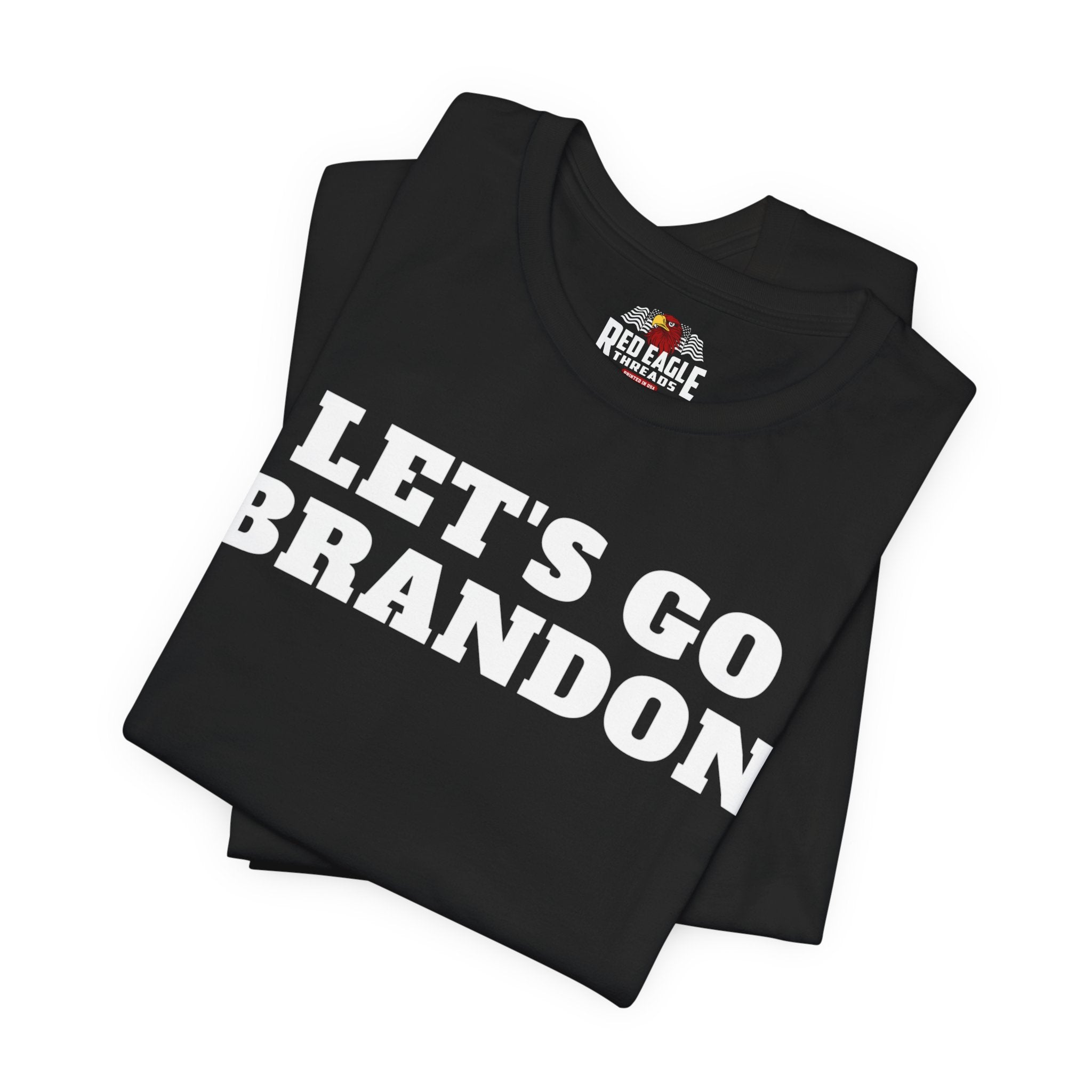 Black t-shirt with 'LET'S GO BRANDON' text on a white background