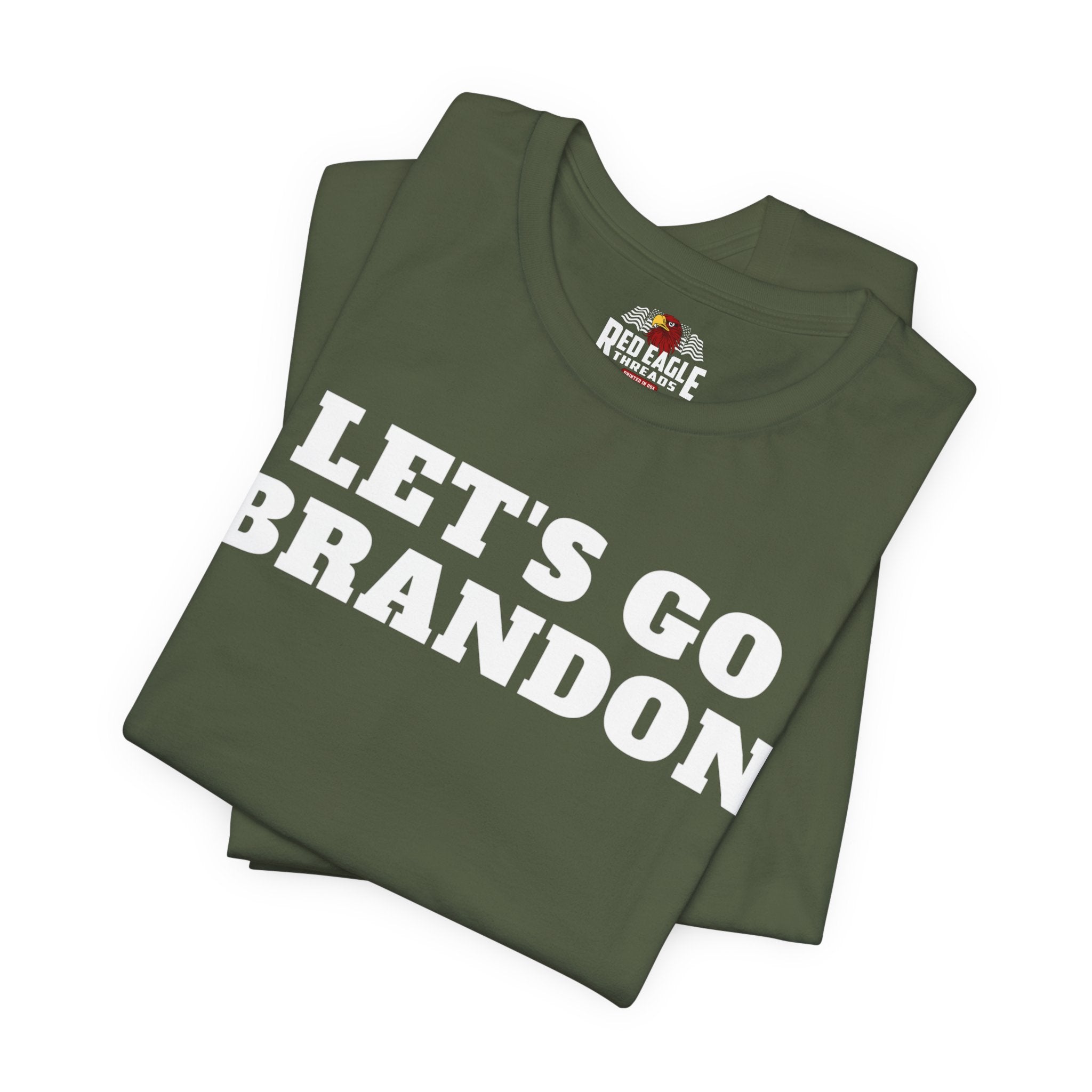 Military Green t-shirt with 'Let's Go Brandon' text on a white background