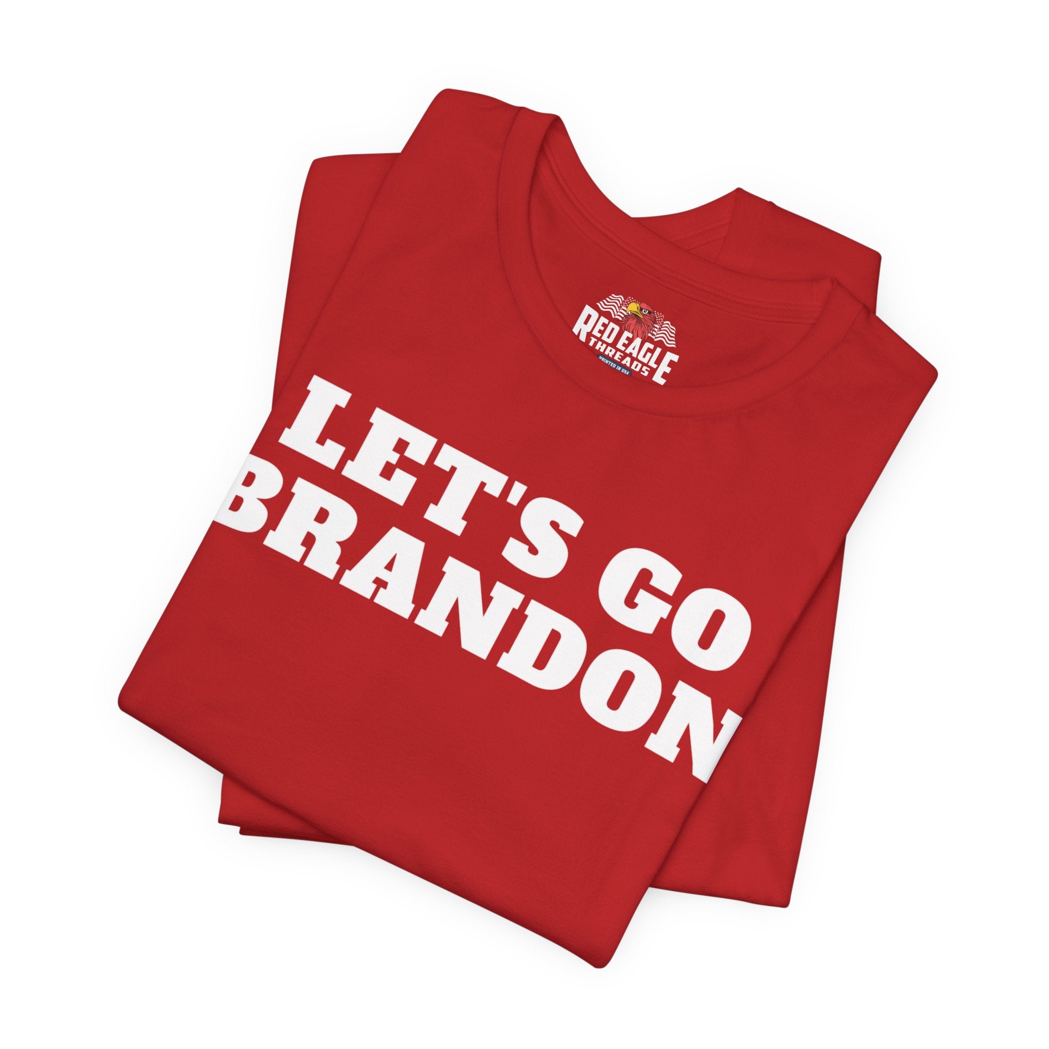 Red t-shirt with 'LET'S GO BRANDON' text on a white background