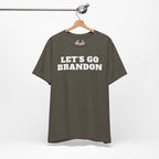 Army Green t-shirt with 'LET'S GO BRANDON' text on a hanger against a white background
