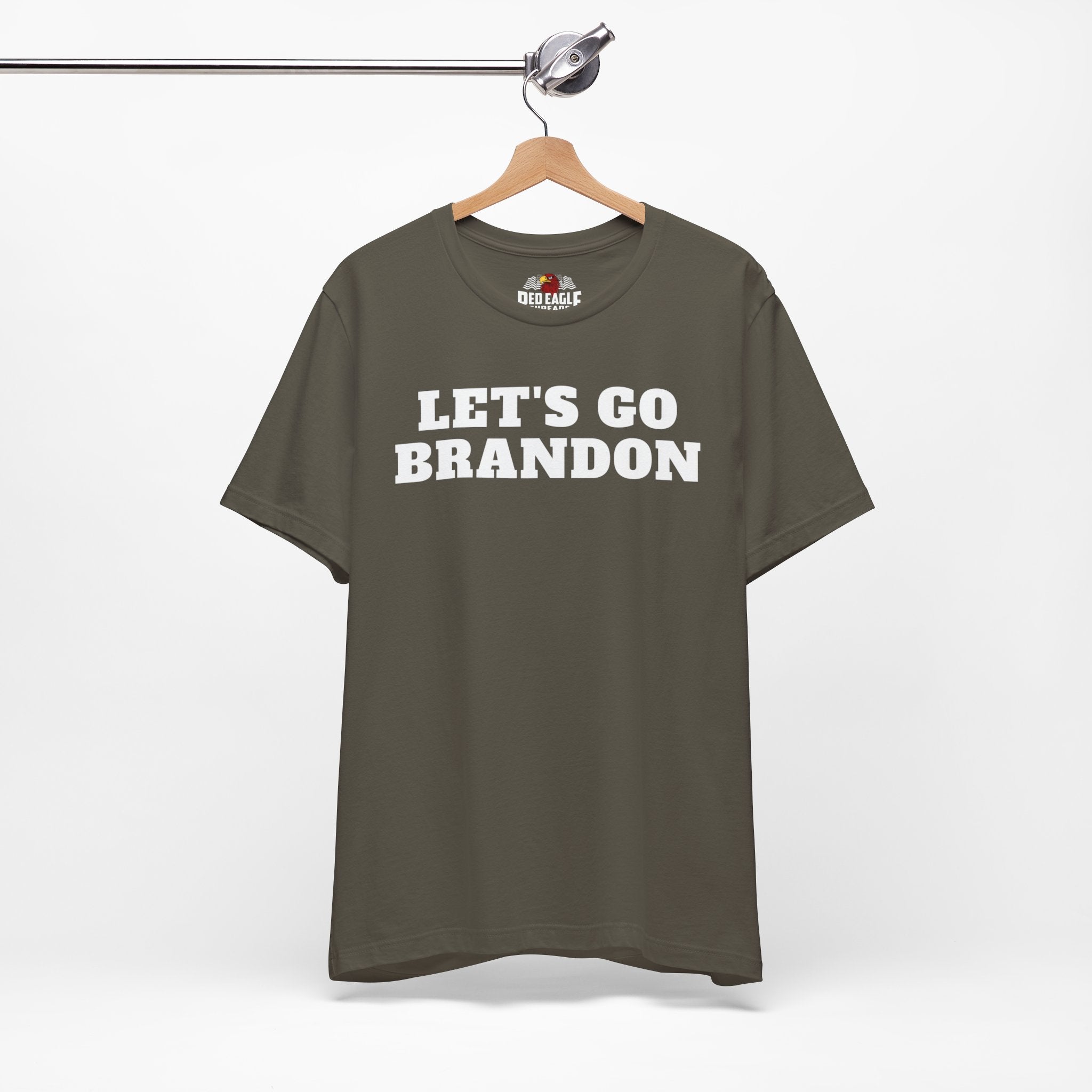 Army Green t-shirt with 'LET'S GO BRANDON' text on a hanger against a white background