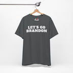 Asphalt t-shirt with 'LET'S GO BRANDON' text on a hanger against a white background