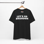 Black t-shirt with 'LET'S GO BRANDON' text on a hanger against a white background