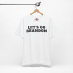 White sweatshirt with 'LET'S GO BRANDON' text on a hanger against a white background