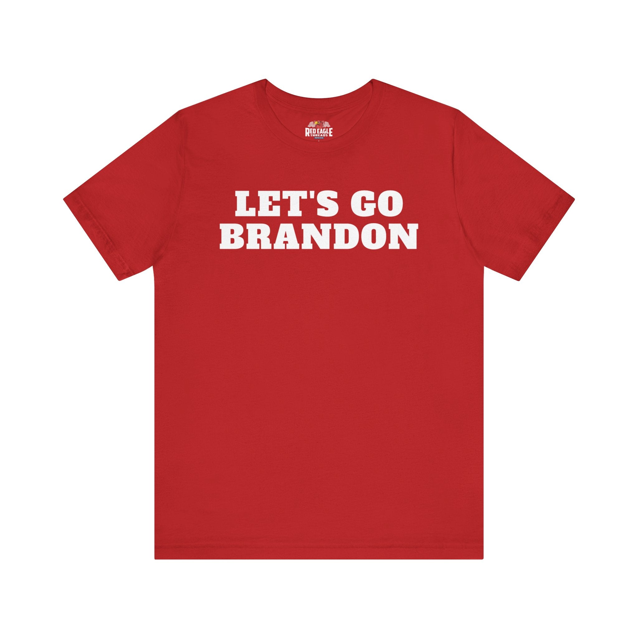 Red t-shirt with 'LET'S GO BRANDON' text on a white background
