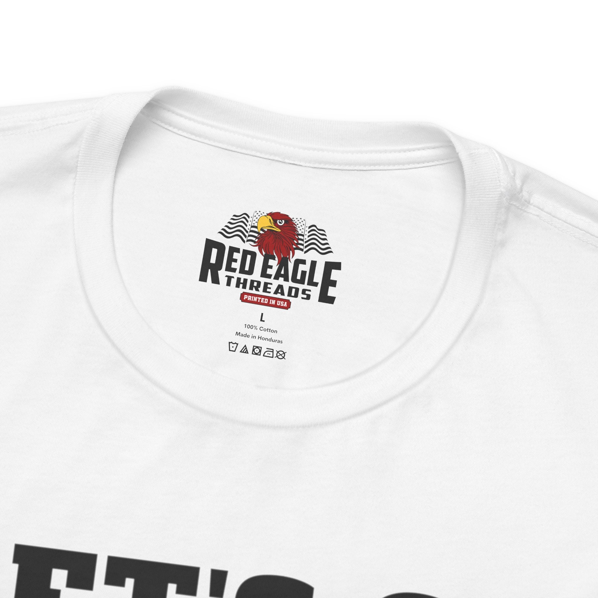 White t-shirt with Red Eagle Threads logo and text on a white background