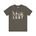 Army t-shirt with white graphic design and text on a white background