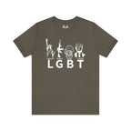 Army t-shirt with white graphic design and text on a white background