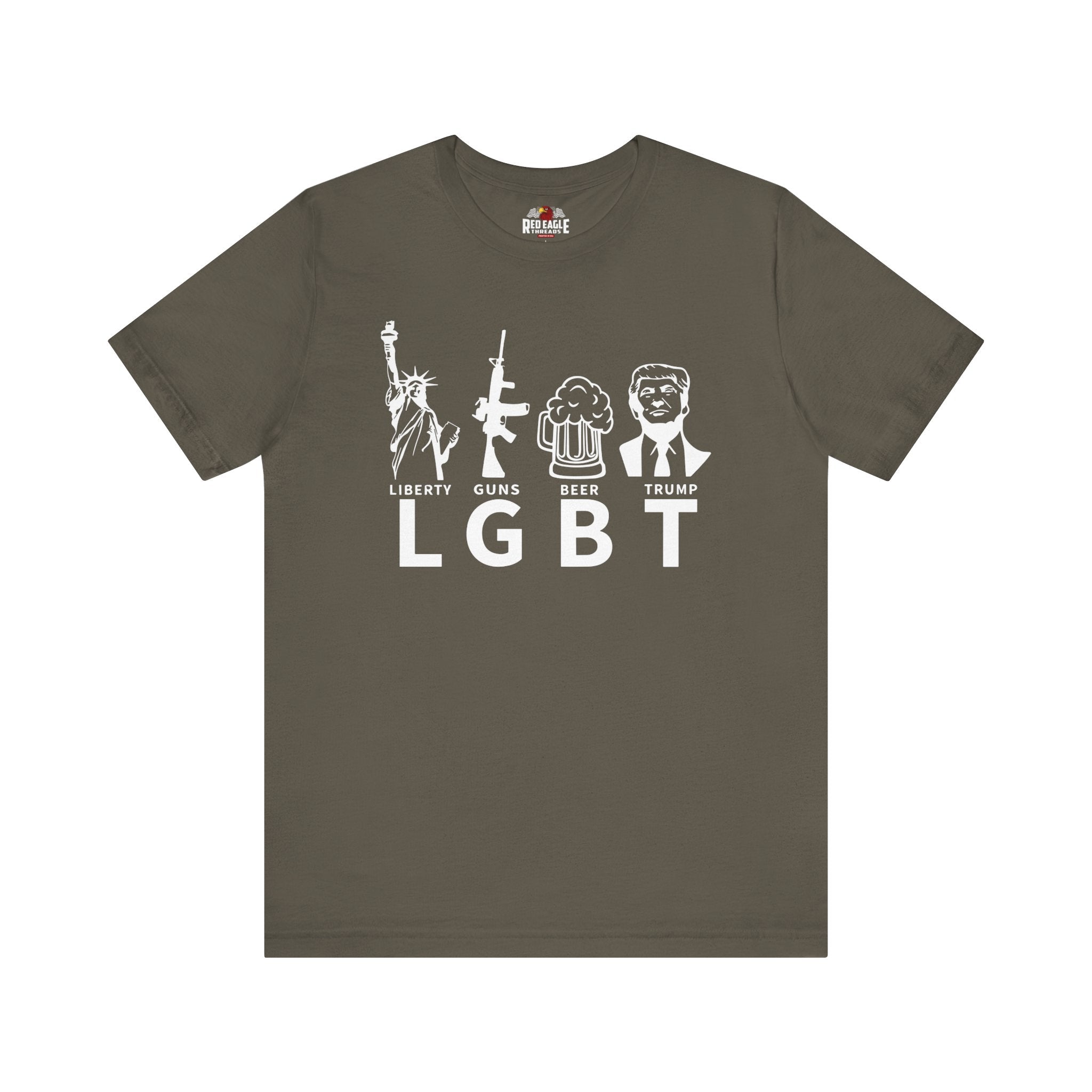 Army t-shirt with white graphic design and text on a white background