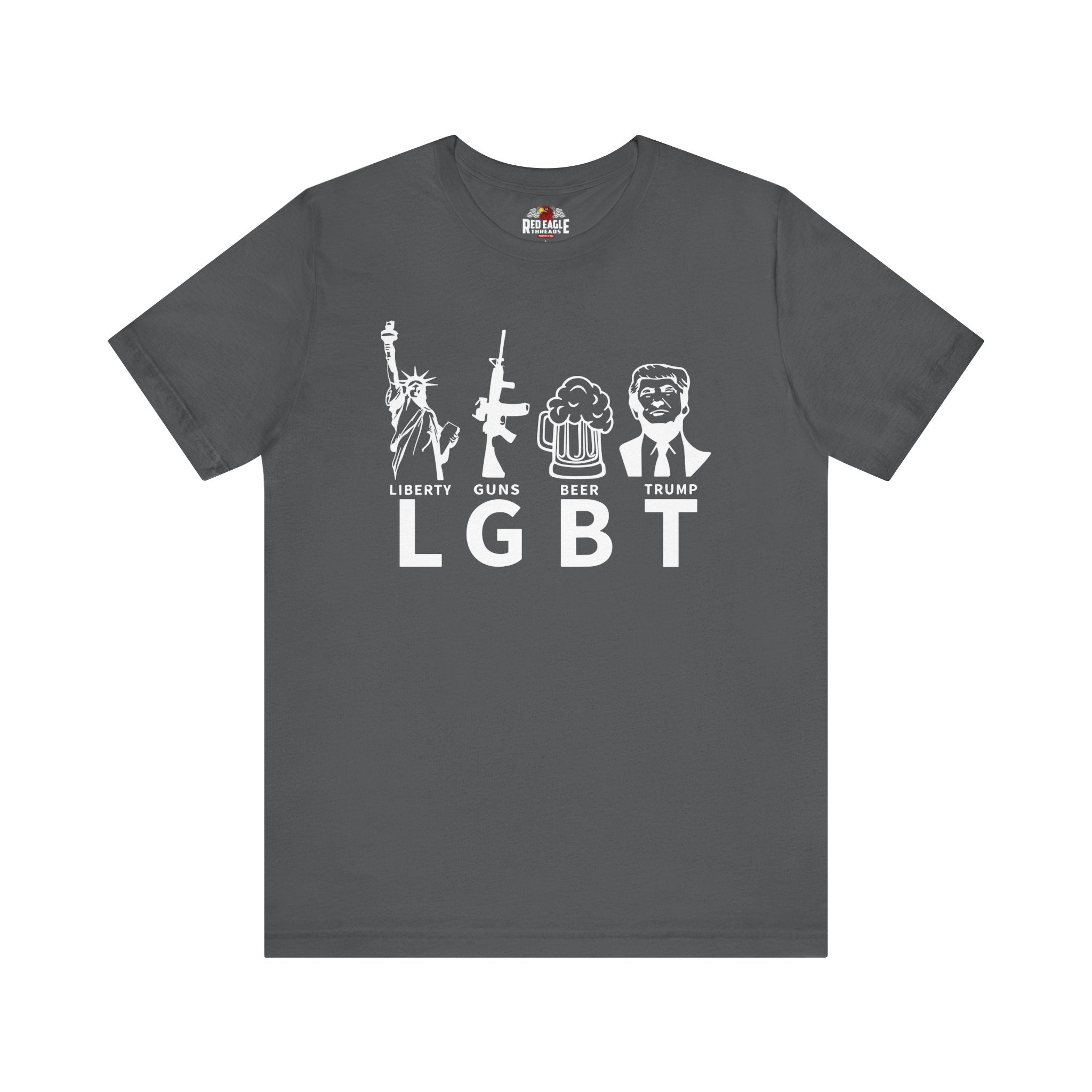 Gray t-shirt with white graphic design and text on a white background