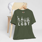 Military Green t-shirt with graphic design and text on a white background