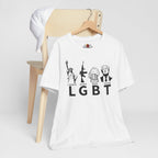 White t-shirt with graphic design and text on a wooden chair against a white background
