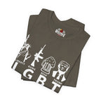 Stack of t-shirts with graphic designs and text on a white background