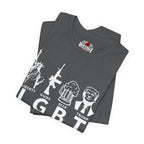 Stack of gray t-shirts with graphic designs and text on a white background