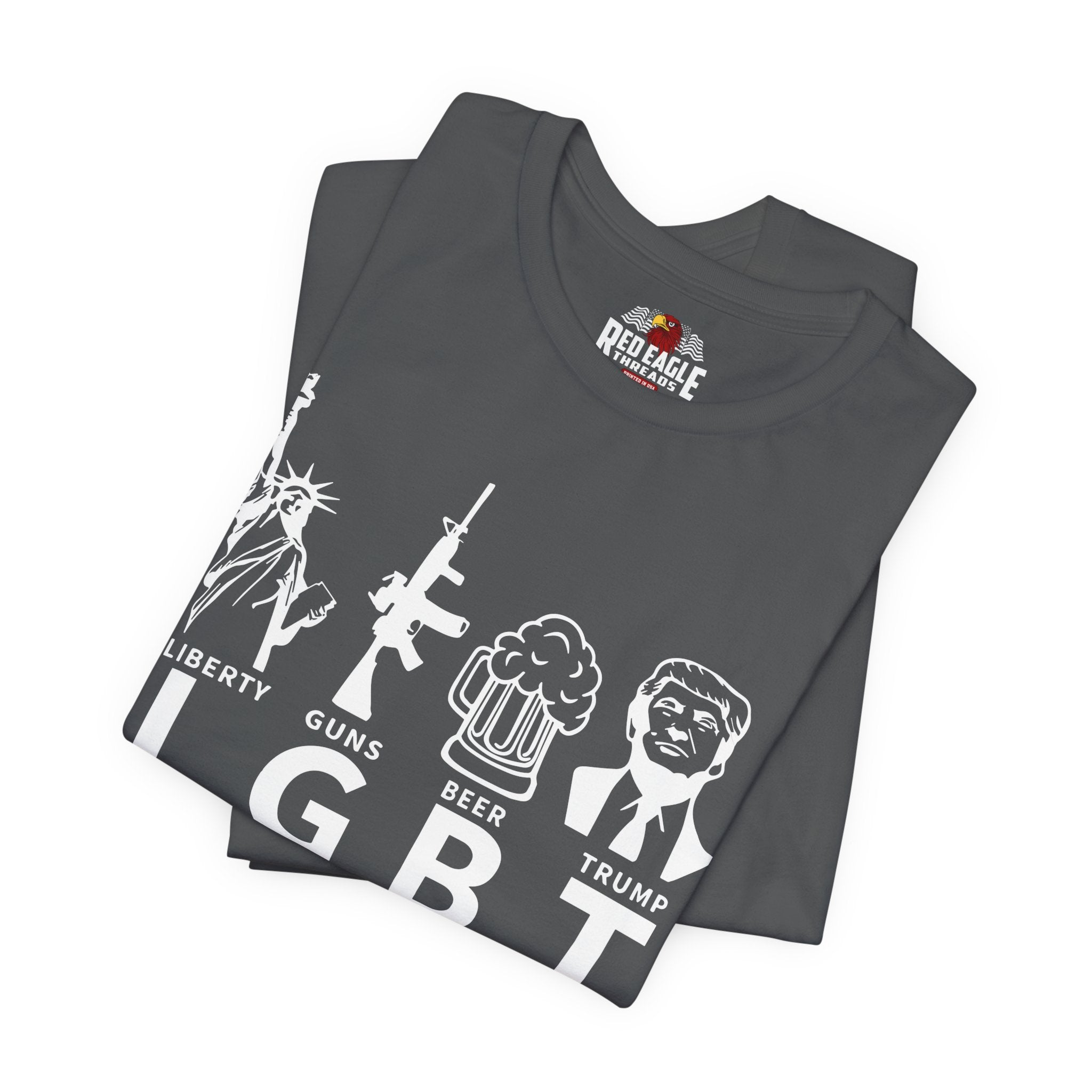 Stack of gray t-shirts with graphic designs and text on a white background