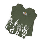 Stack of military green t-shirts with graphic designs and text on a white background