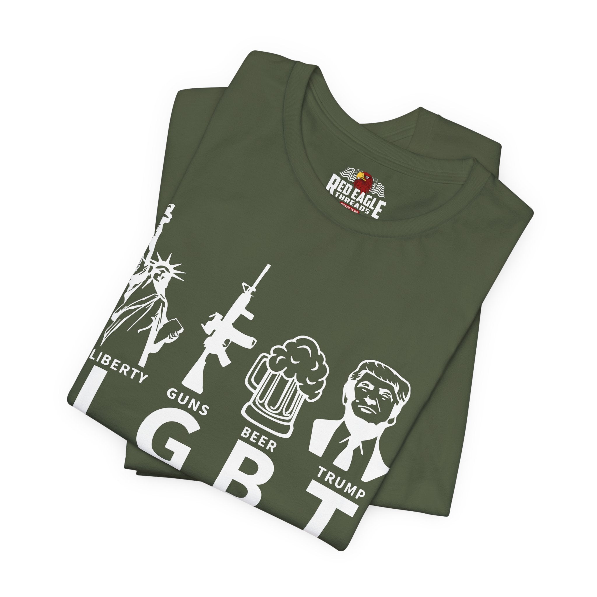 Stack of military green t-shirts with graphic designs and text on a white background