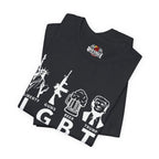 Vintage Black t-shirt with graphic designs and text on a white background