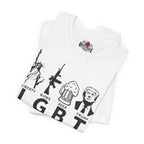 White t-shirt with black graphics and text on a white background