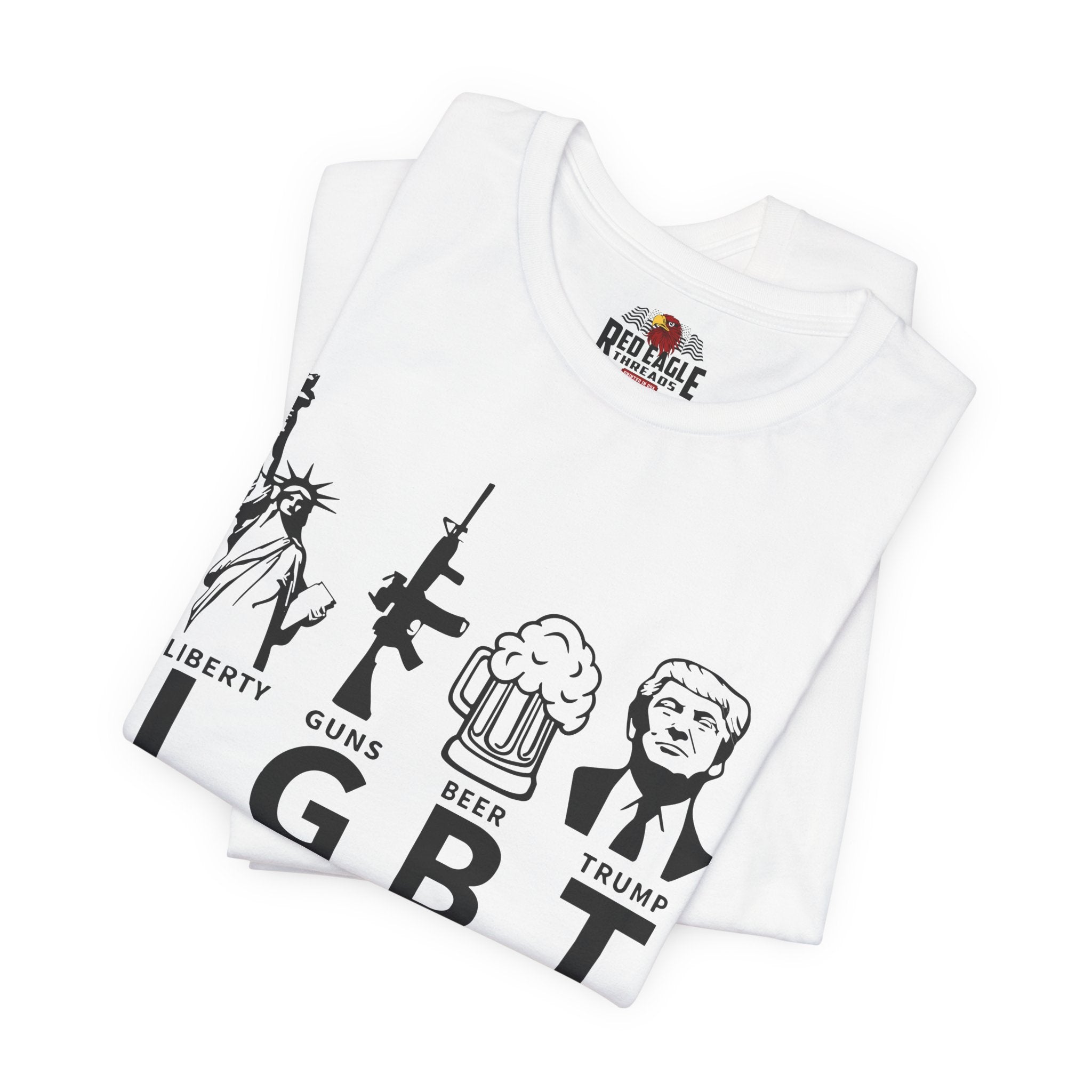 White t-shirt with black graphics and text on a white background