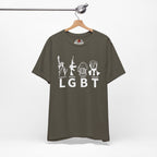 Army Green t-shirt with graphic design on a hanger against a white background