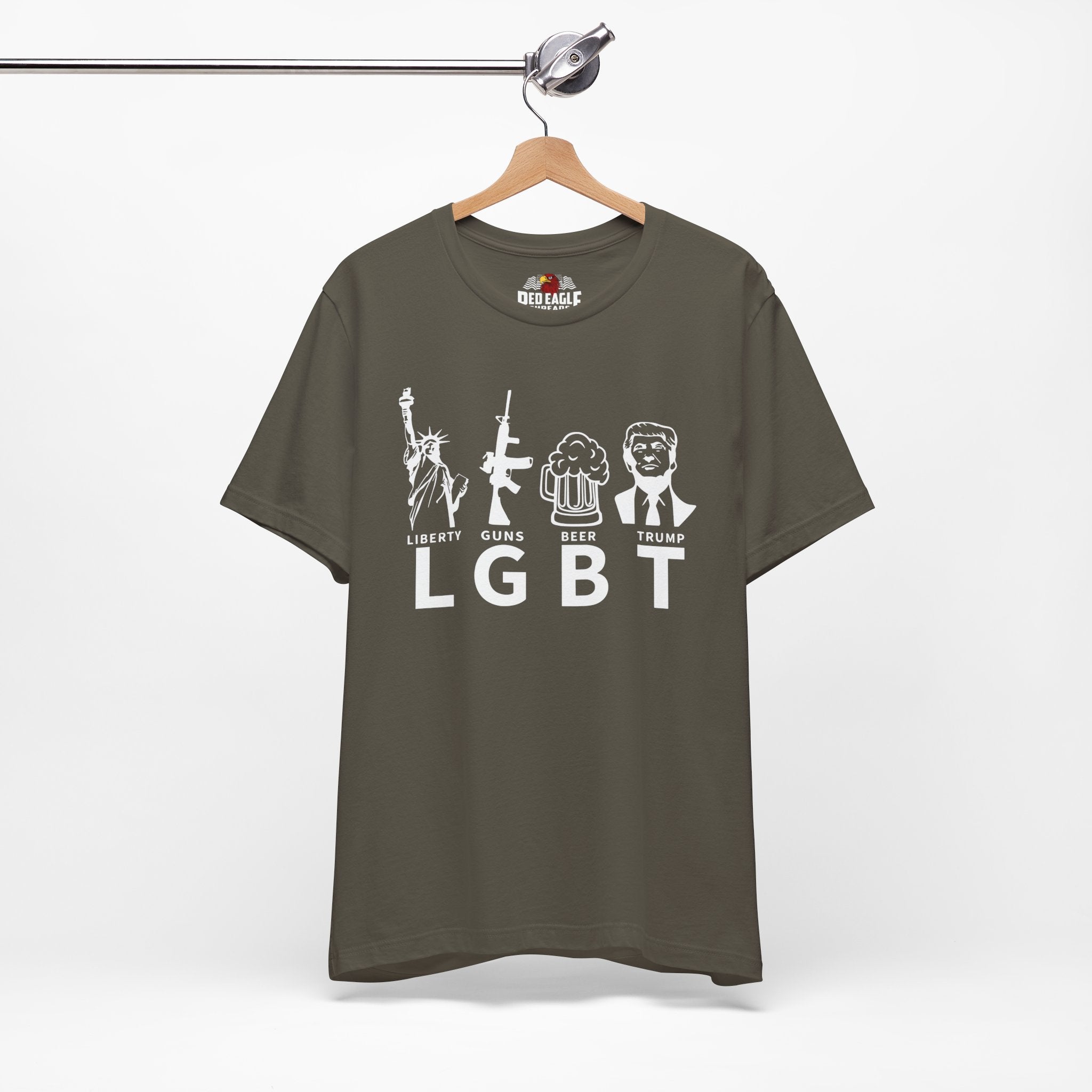 Army Green t-shirt with graphic design on a hanger against a white background