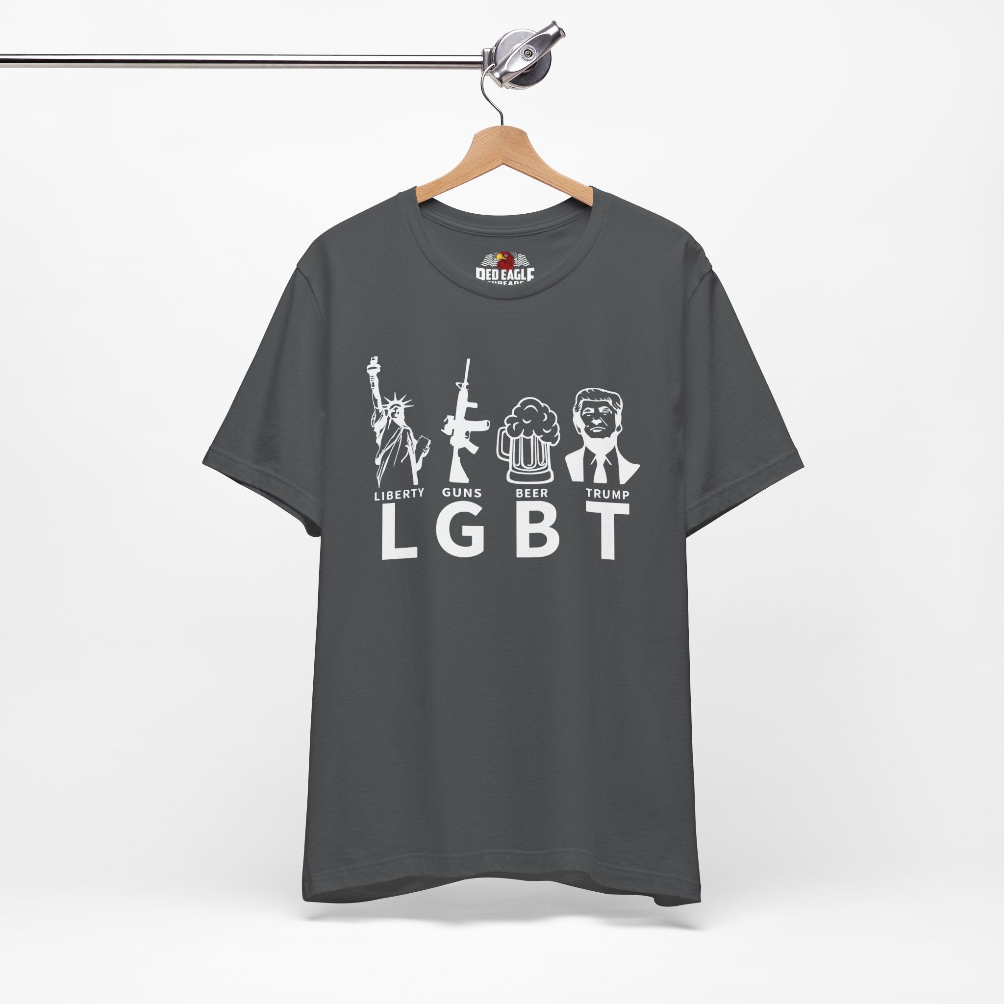 Gray t-shirt with graphic design and text on a hanger against a white background
