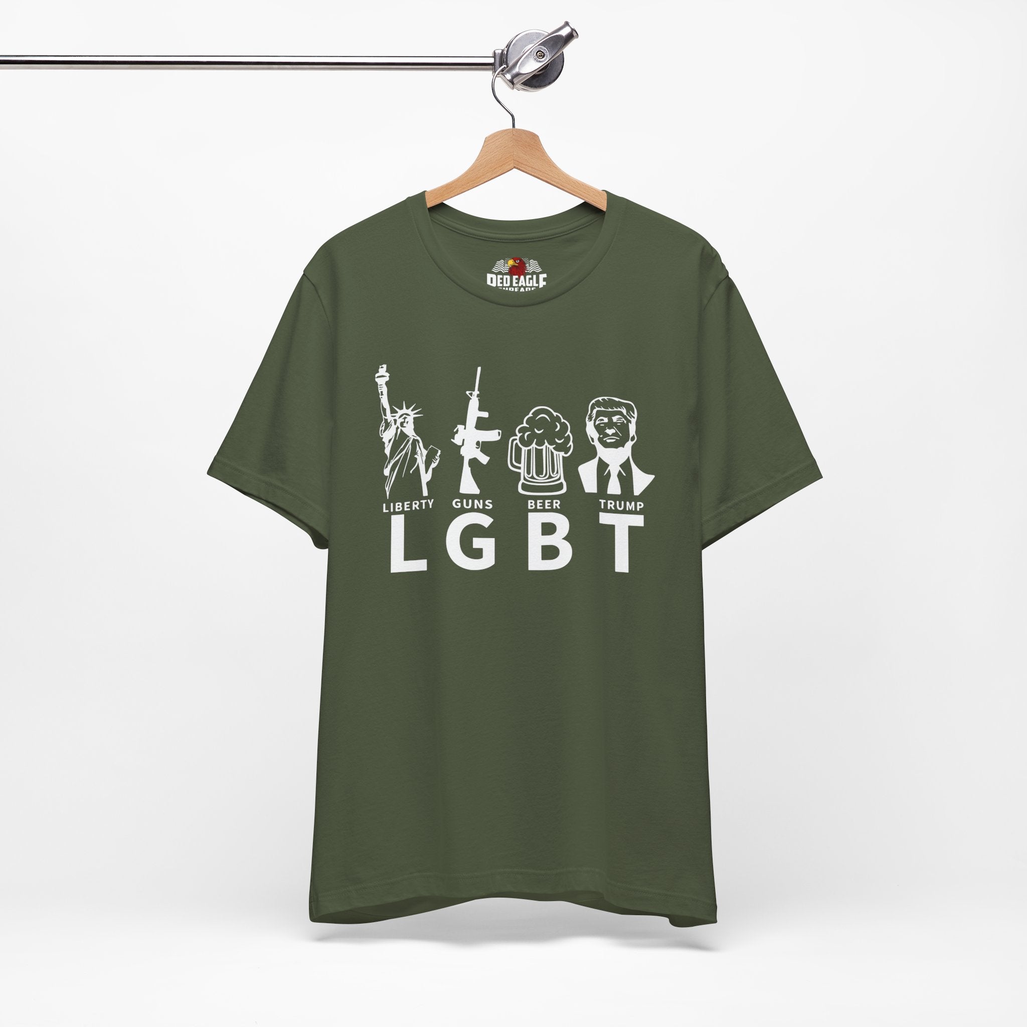 Military Green t-shirt with graphic design on a hanger against a white background
