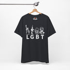 Vintage Black t-shirt with white graphics and text on a hanger against a white background