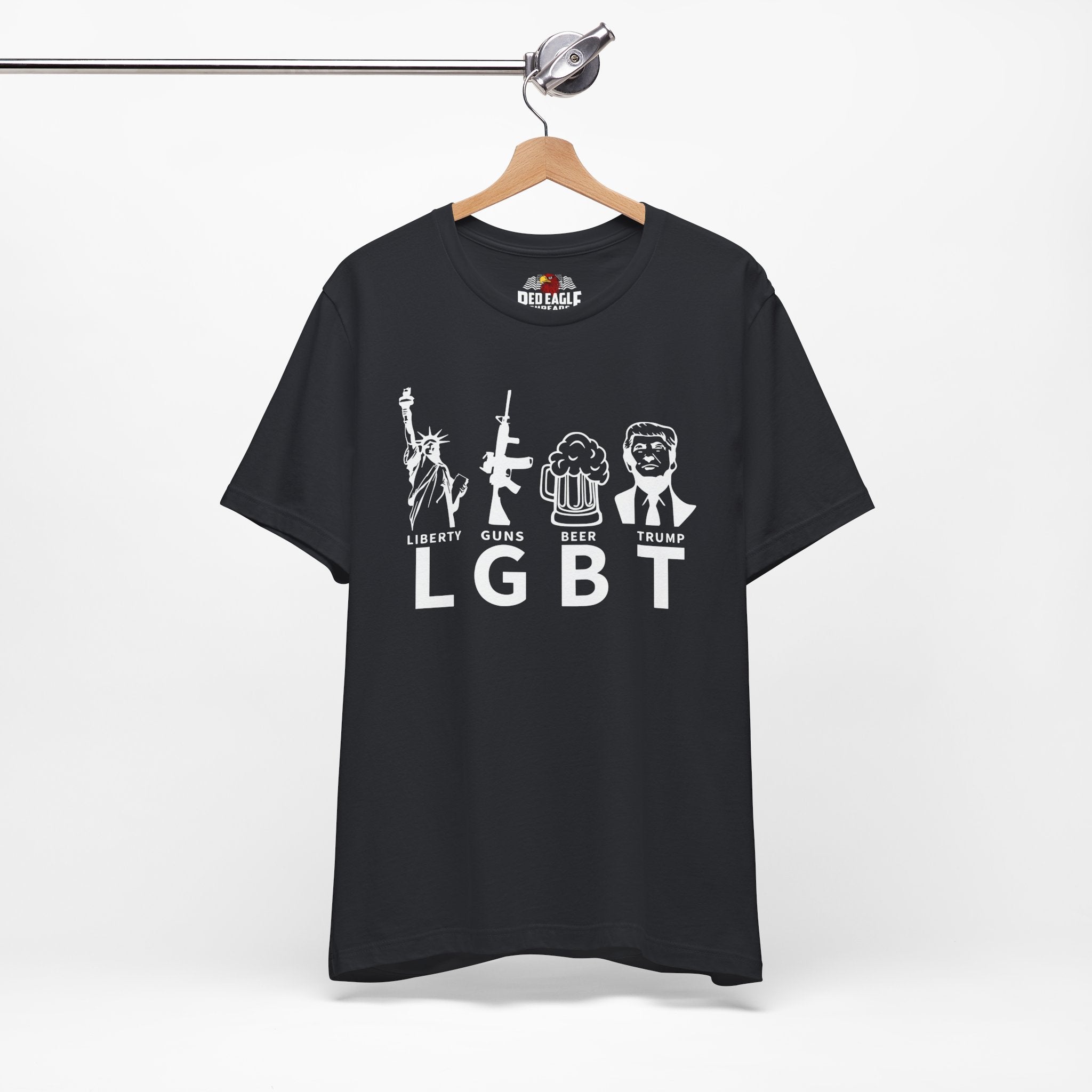 Vintage Black t-shirt with white graphics and text on a hanger against a white background