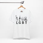 White t-shirt with graphic design and text on a white background