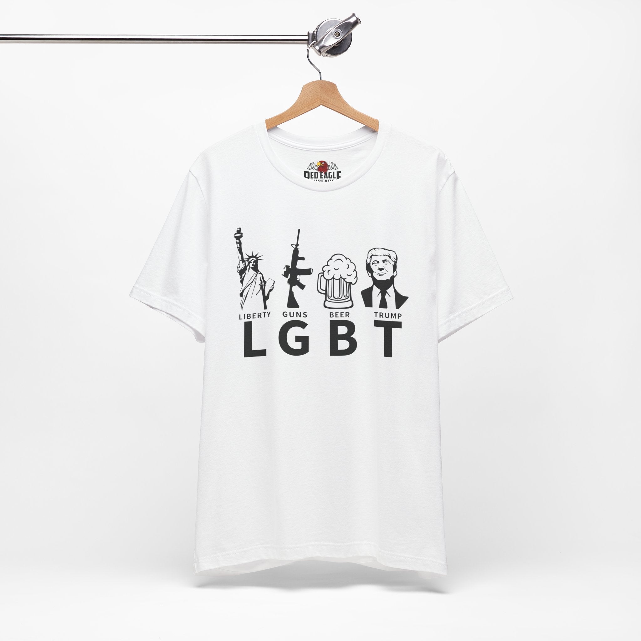 White t-shirt with graphic design and text on a white background