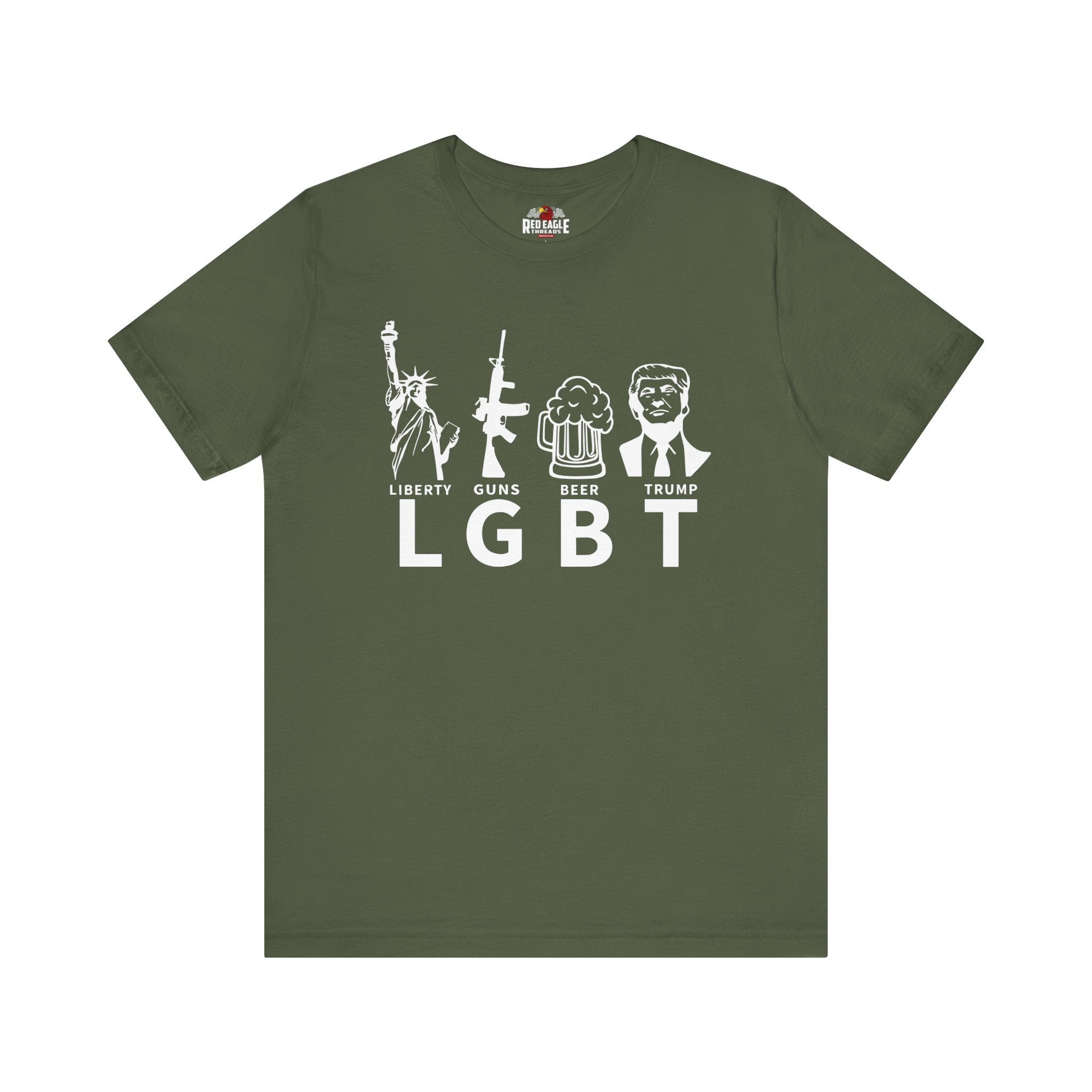 Military Green t-shirt with white graphic design and text on a white background
