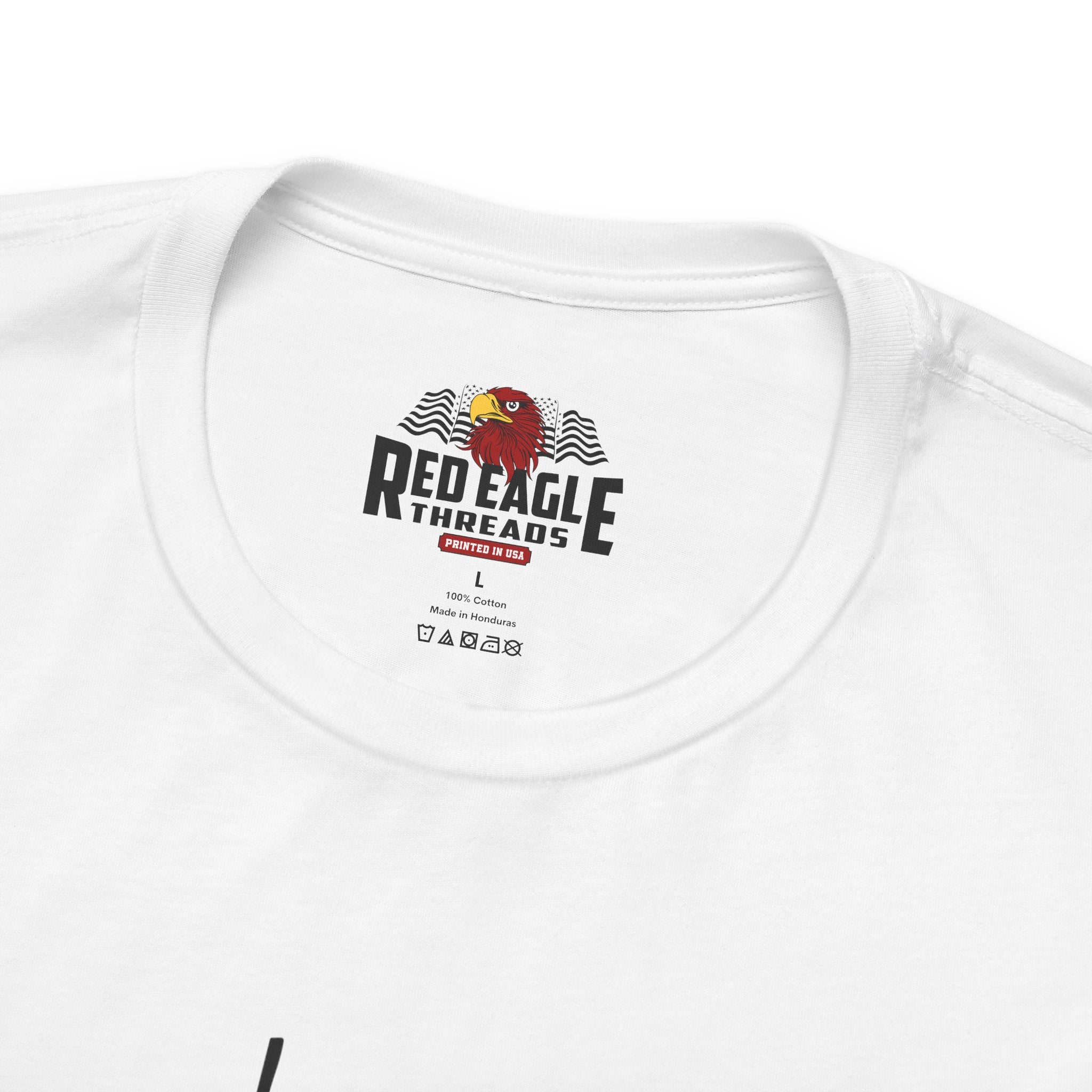White t-shirt with Red Eagle Threads logo on a white background